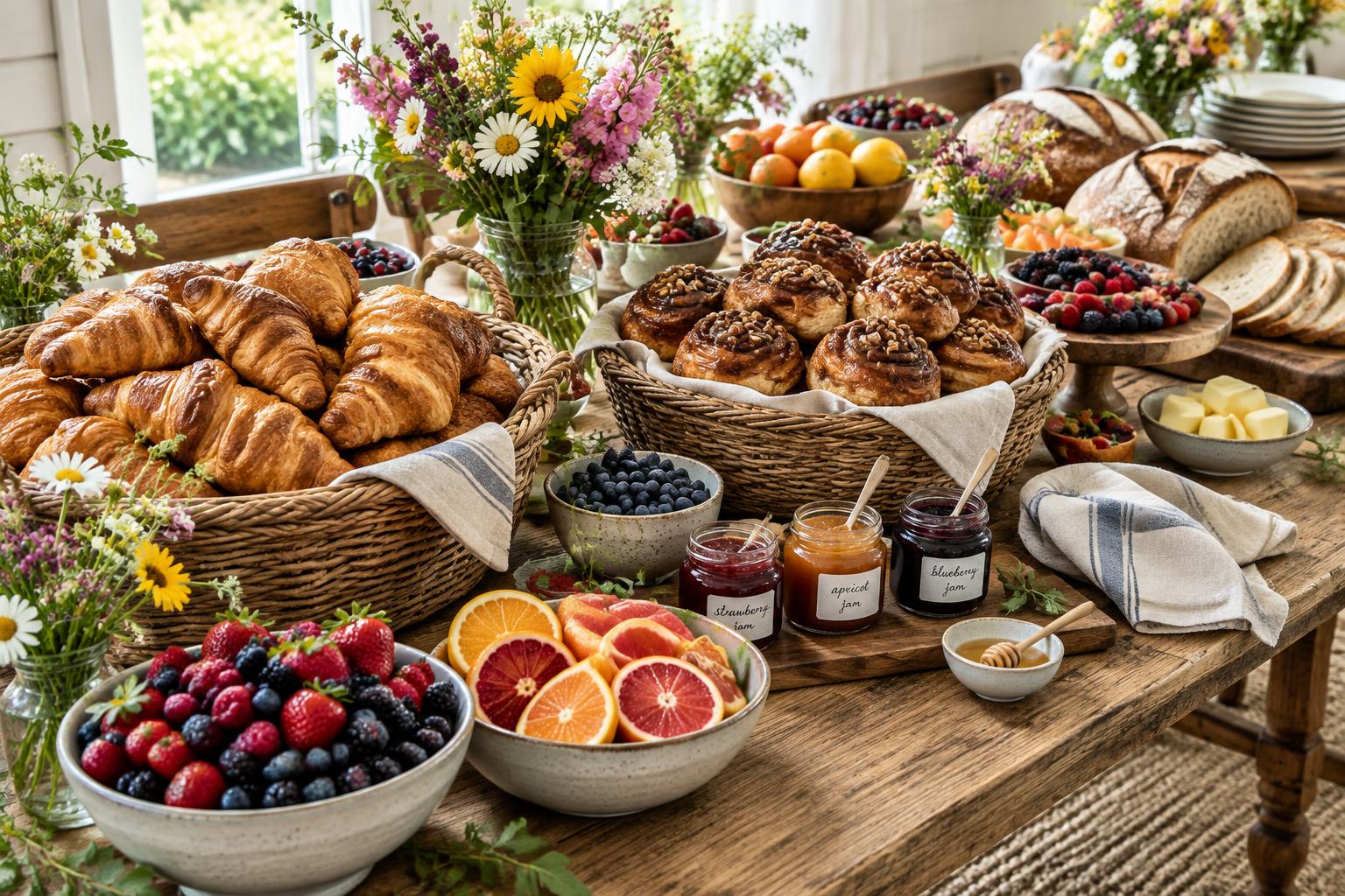 A Harbor Bakery catering spread — baskets of croissants and morning buns, sliced sourdough, berries and jam on a long farm table