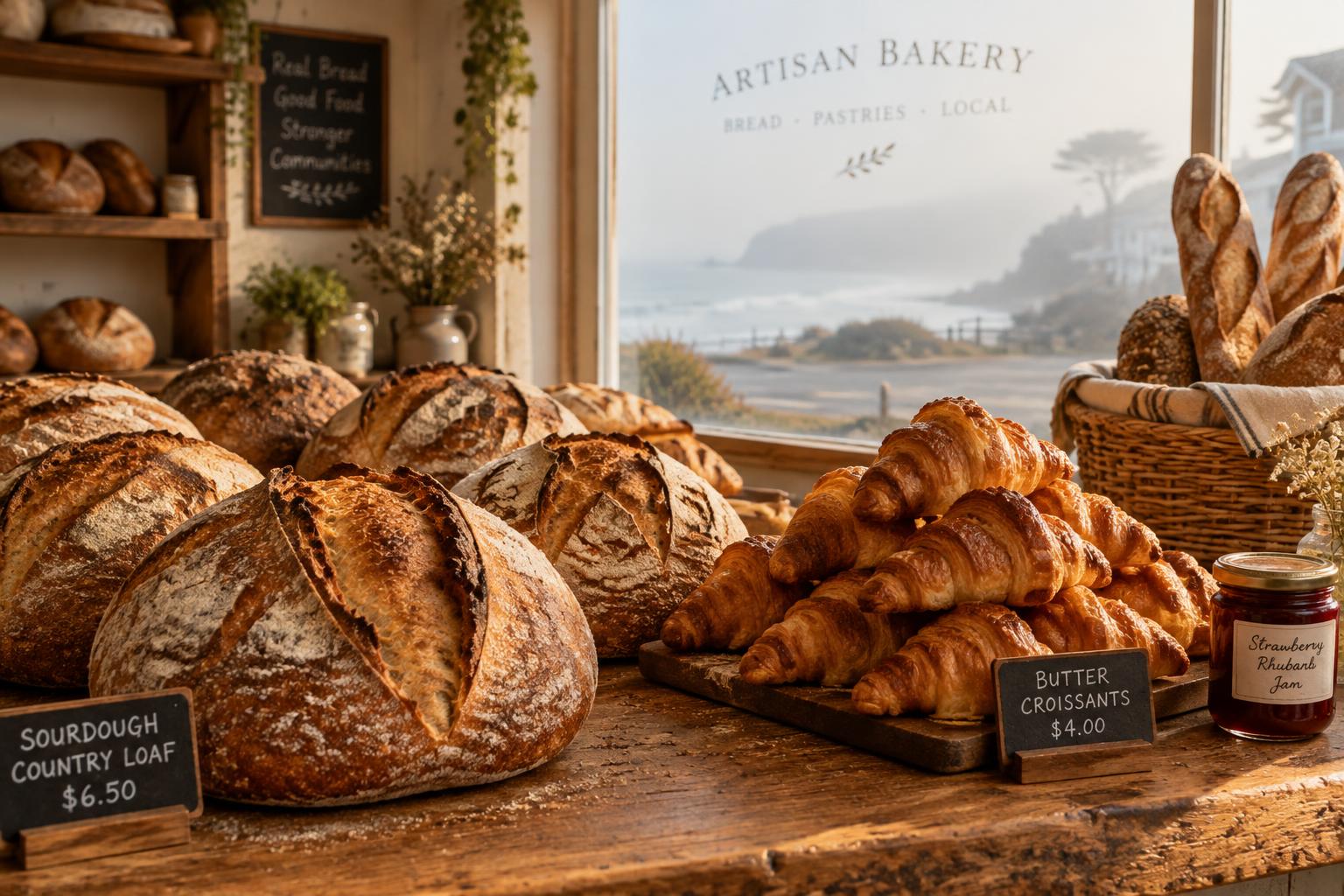 Golden sourdough loaves and flaky croissants on a worn wooden bakery counter in soft morning light