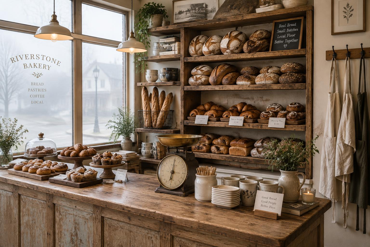 Inside Harbor Bakery — wooden counter, shelves of loaves, soft foggy morning light through the front window